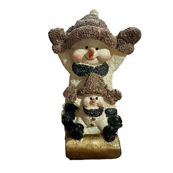 Miniature Snowman & small snowman on Sled Holiday Decor Christmas 4” tall - Picture 1 of 8